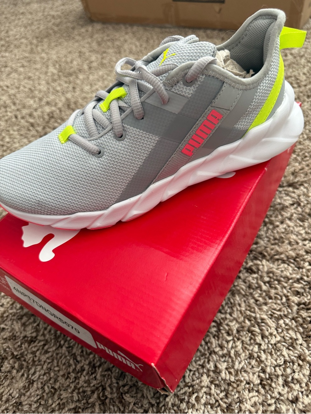 Puma Gray Mesh Athletic Sneakers with Neon Yellow Accents